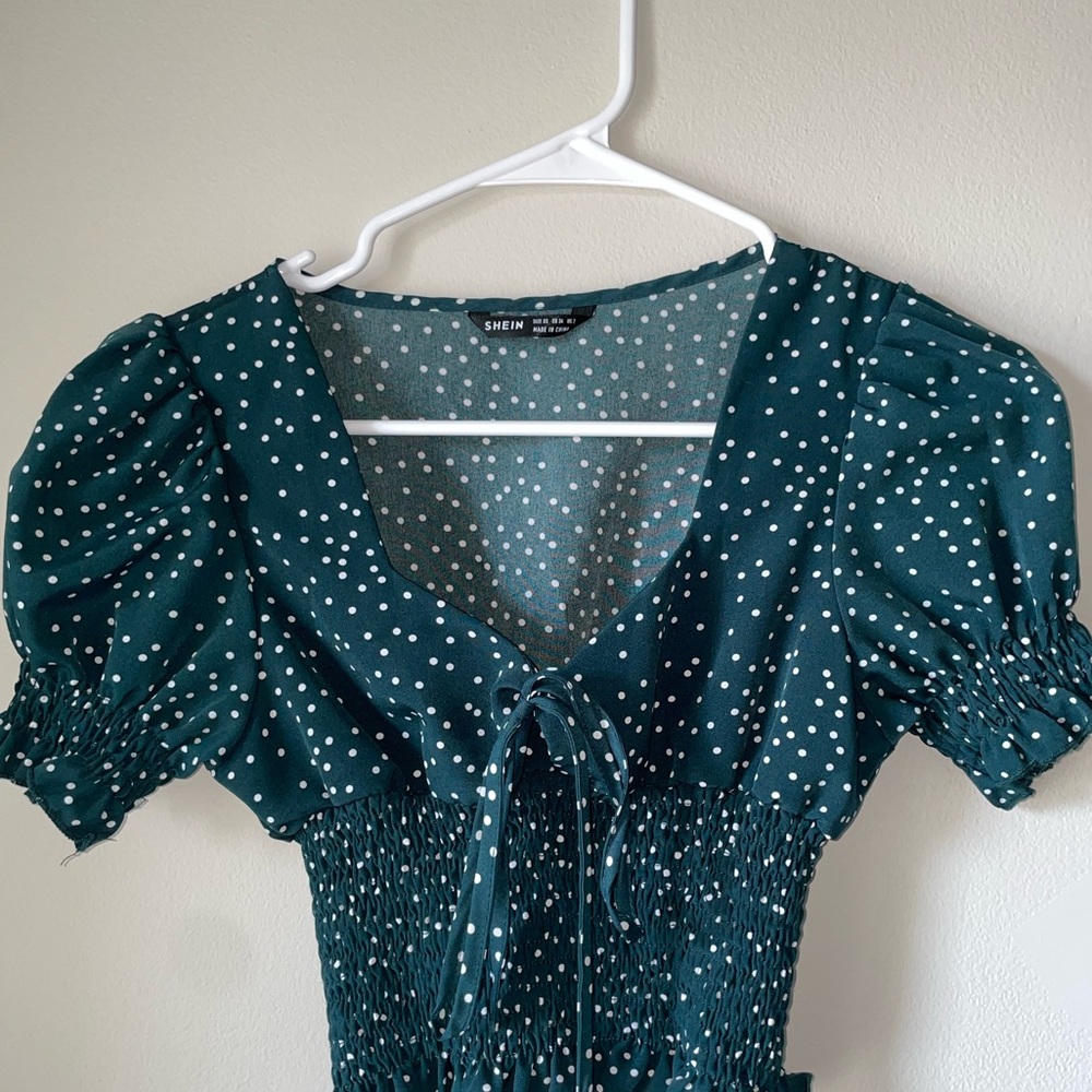 Green Crop Top with White Polka Dots